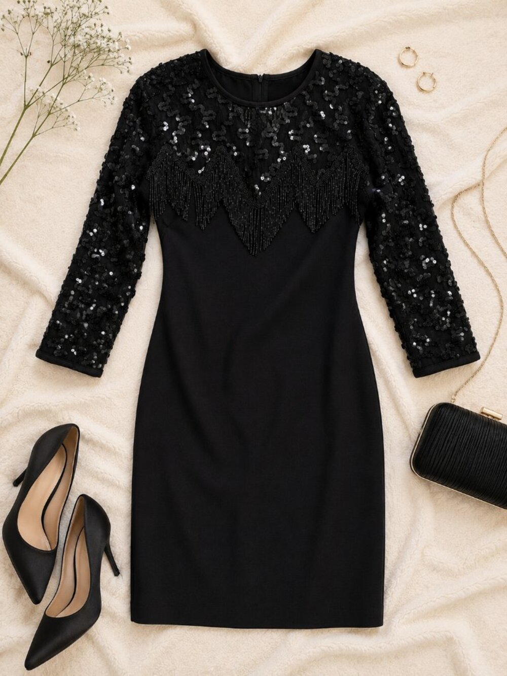 Alchemy by JooMee Small Black Beaded Sequin Fringe Cocktail Dress